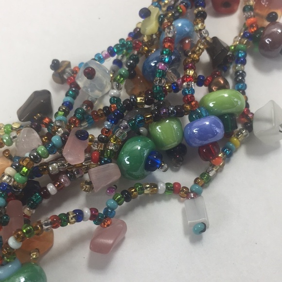 Artisanal Multi-layer seed bead glass stone chip necklace 7 strands multi-color - Picture 8 of 9